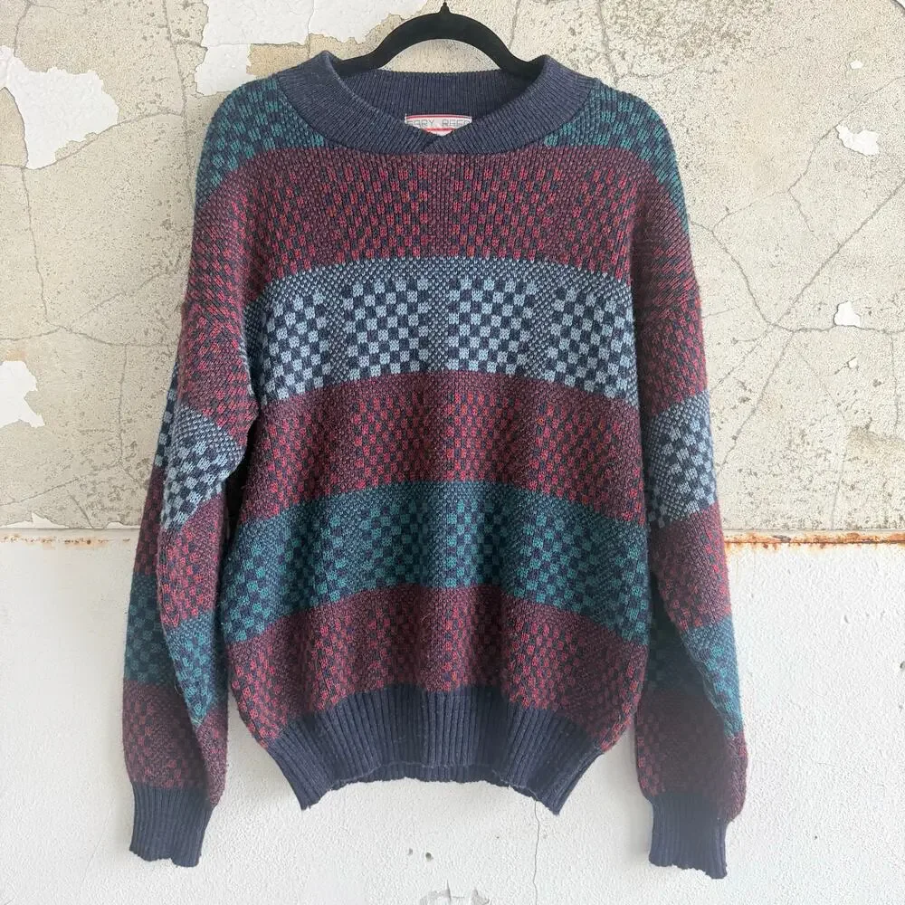 Vtg Sweater Checkerboard Stripe Colorblock Retro Knit Pullover Men L 90s Grandpa